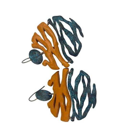 Handcrafted Abstract Art Earrings With Orange & Blue Design Wood and oxidized me - Picture 6 of 7